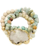 Semi-precious Stone, Wood Bead Druzy Bracelet Set, Mint