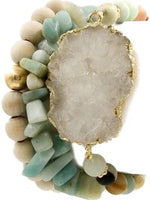 Semi-precious Stone, Wood Bead Druzy Bracelet Set, Mint