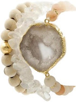 Semi-precious Stone, Wood Bead Druzy Bracelet Set, Peach-Cream