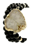 Wood bead genuine druzy stone stretch bracelet set, Black