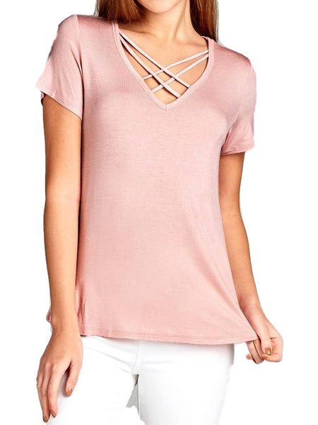 Criss Cross Short Sleeve V-neck Top, Blossom