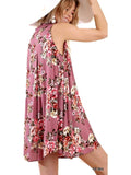 Floral Print Sleeveless Shift Keyhole Dress with Crochet and Mesh Neckline , Dusty Rose