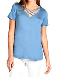 Criss Cross Short Sleeve V-neck Top, Blue Shadow