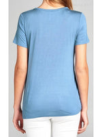 Criss Cross Short Sleeve V-neck Top, Blue Shadow