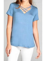 Criss Cross Short Sleeve V-neck Top, Blue Shadow