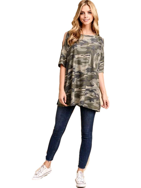 Army print short sleeve top with open shoulders and one pocket detail, Multi