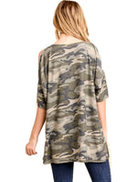 Army print short sleeve top with open shoulders and one pocket detail, Multi