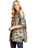 Army print short sleeve top with open shoulders and one pocket detail, Multi