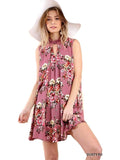 Floral Print Sleeveless Shift Keyhole Dress with Crochet and Mesh Neckline , Dusty Rose