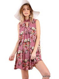 Floral Print Sleeveless Shift Keyhole Dress with Crochet and Mesh Neckline , Dusty Rose