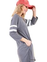 3/4 Athletic Stripe Sleeve Pocket Dress with a Front Neck Cutout, Charcoal