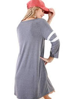 3/4 Athletic Stripe Sleeve Pocket Dress with a Front Neck Cutout, Charcoal