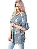 Floral Bullhorn Ruffle Sleeve Loose Fit Top, Denim