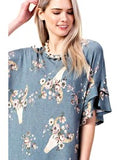 Floral Bullhorn Ruffle Sleeve Loose Fit Top, Denim