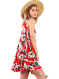 Floral Print Sleeveless Shift Keyhole Dress with Button Neckline Closures, Red Mix