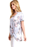 Floral print short sleeve choker top with playful knot on side hem, Blue-Grey