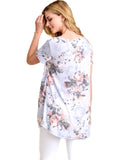 Floral print short sleeve choker top with playful knot on side hem, Blue-Grey