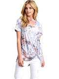 Floral print short sleeve choker top with playful knot on side hem, Blue-Grey