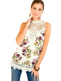 Floral Print Mock Neck Top, Natural