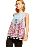 Embroidered Top w/Fringe Detail, Lt Denim