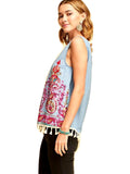 Embroidered Top w/Fringe Detail, Lt Denim