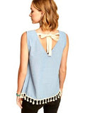 Embroidered Top w/Fringe Detail, Lt Denim