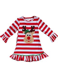 Girls Striped Reindeer Dress, Red Multi