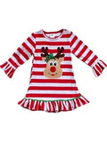 Girls Striped Reindeer Dress, Red Multi