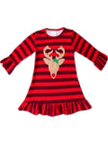 Girls Reindeer Ruffle Dress, Red Multi