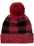 CC Buffalo Check Pattern Beanie with Pom Pom, Red-Black