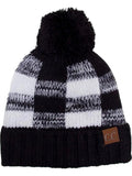 CC Buffalo Check Pattern Beanie with Pom Pom, Black-Ivory