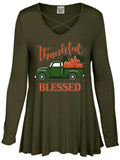 Long Sleeve Criss Cross Thankful, Blessed, with Pumpkin Truck, Olive