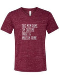 This Mom Runs on Caffeine, Target and Amazon Prime Short Sleeve Tee, Maroon Marble