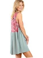 Sleeveless Shift Keyhole Dress with a Floral Print and Lace Bodice, Sage-Mint