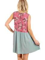 Sleeveless Shift Keyhole Dress with a Floral Print and Lace Bodice, Sage-Mint