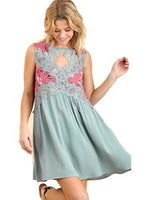 Sleeveless Shift Keyhole Dress with a Floral Print and Lace Bodice, Sage-Mint