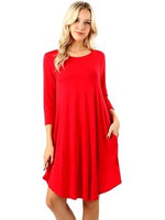 Sweater Fabric  3/4 Sleeve Round Hem Aline Dress with Side Pockets, Red