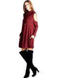 Boho Loose fit, long sleeve, turtleneck, cold shoulder Dress, Burgundy