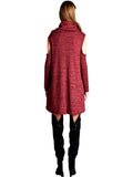 Boho Loose fit, long sleeve, turtleneck, cold shoulder Dress, Burgundy