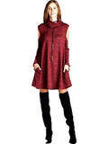 Boho Loose fit, long sleeve, turtleneck, cold shoulder Dress, Burgundy