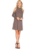 Long Sleeve Cold Shoulder Swing Dress, Mocha