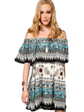 Boho Off Shoulder Dress, White-Multi