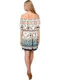 Boho Off Shoulder Dress, White-Multi