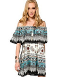 Boho Off Shoulder Dress, White-Multi