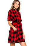 Buffalo Plaid Tie Waist Dress with 3/4 Sleeve, Red