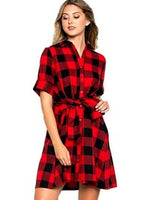 Buffalo Plaid Tie Waist Dress with 3/4 Sleeve, Red