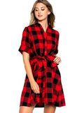 Buffalo Plaid Tie Waist Dress with 3/4 Sleeve, Red