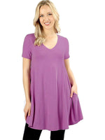 Curvy Short Sleeve V-Neck Flared with Pockets Top, Dark Mauve