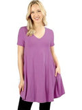 Curvy Short Sleeve V-Neck Flared with Pockets Top, Dark Mauve