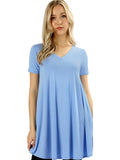 Curvy Short Sleeve V-Neck Flared with Pockets Top, Spring Blue